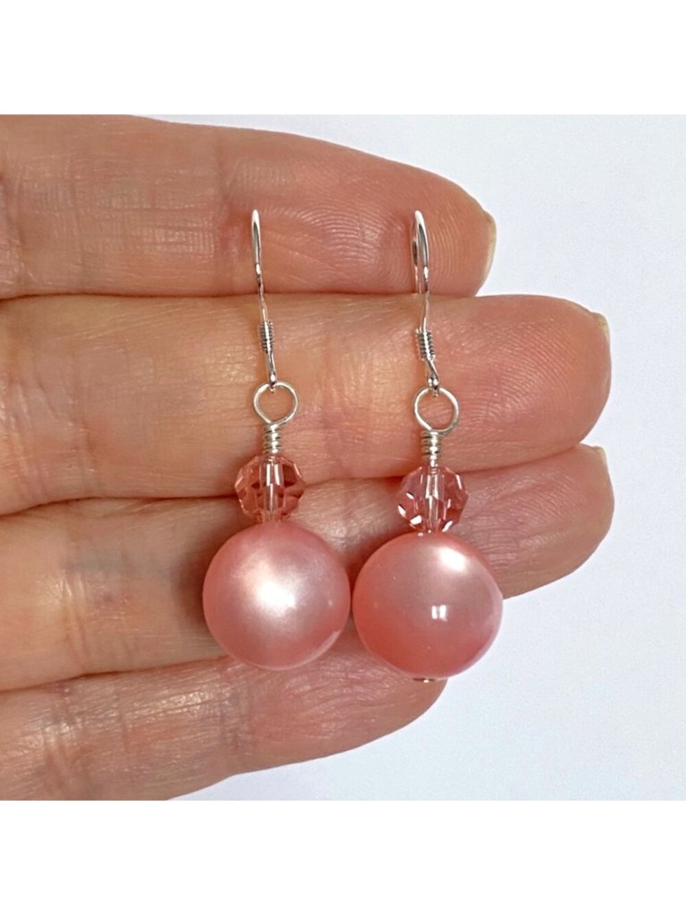Pink Cats Eye Glass and Swarovski Crystal Silver Plate Dangle Pierced Earrings
